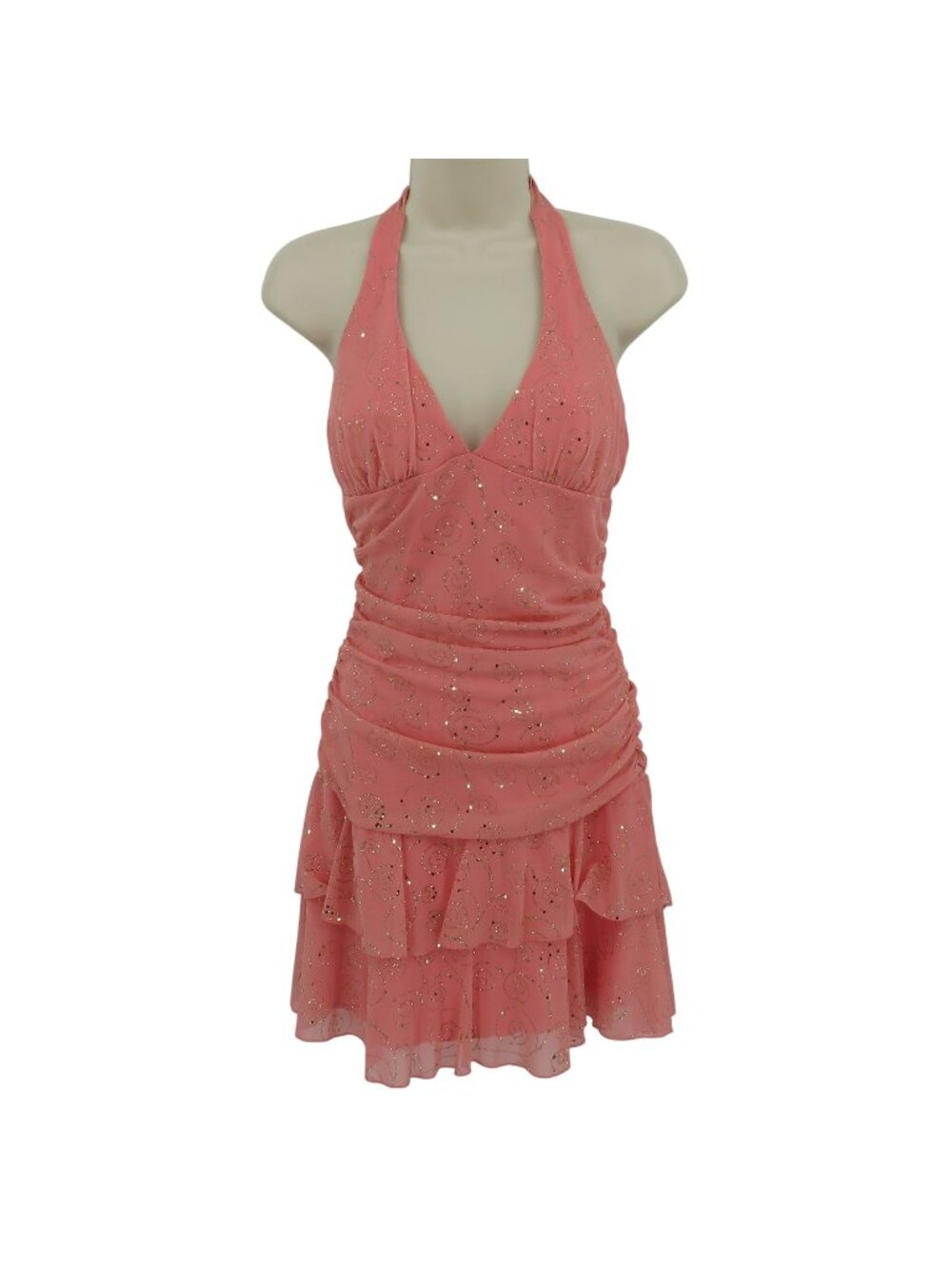 Taboo Juniors Medium Peach Pink Halter Top Dress Layered Gold Glitter Y2K 2000s